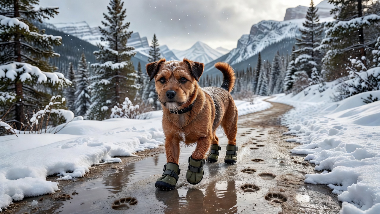 Dog ready for a hike in booties
