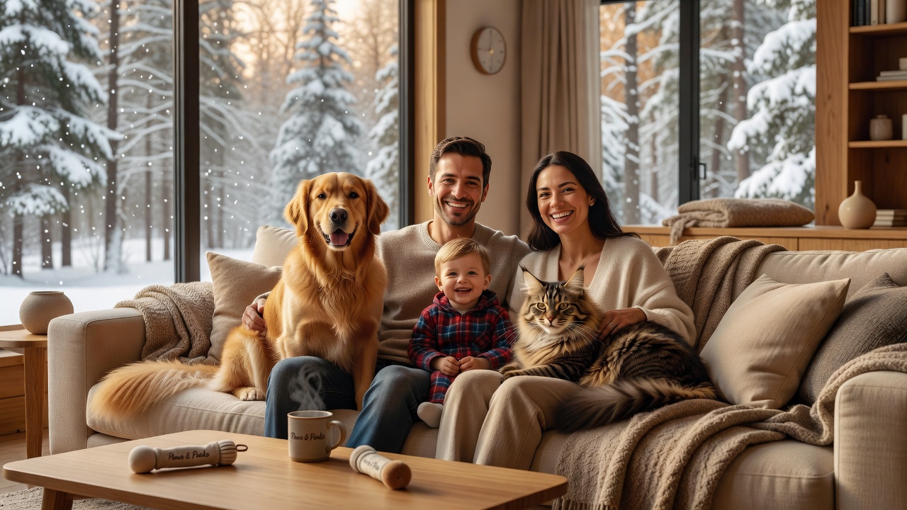 Happy family with pets in living room